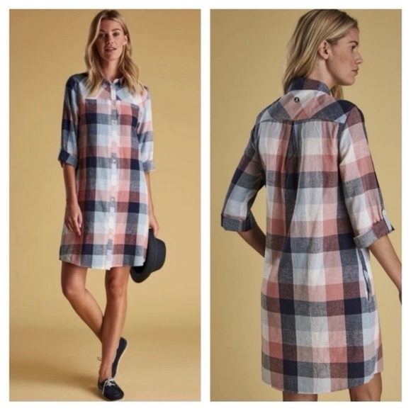 Barbour Seaglow Plaid Gingham Blue Rose Cotton Linen Shirt Dress - Picture 1 of 14